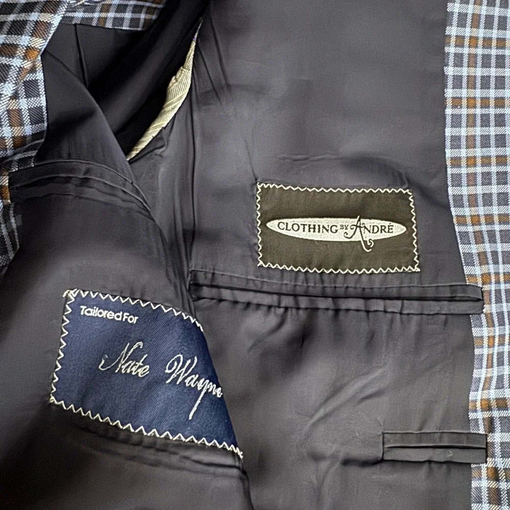 Clothing by Andre Blazer Mens 42L Blue Brown Check Wool Two Button Sport‎ Coat